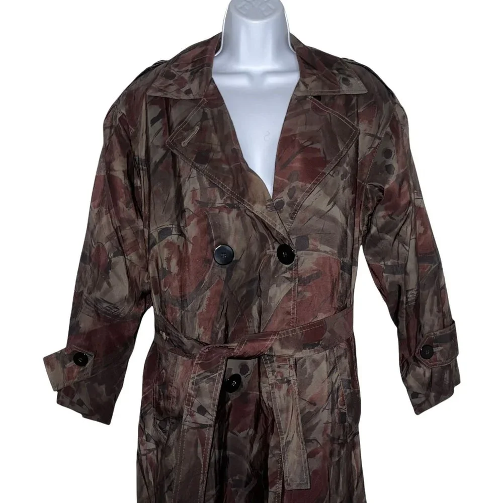 London Fog Vintage 1990's Abstract Wool Lined Long Trench Rain Coat 6 Petite - Picture 2 of 8